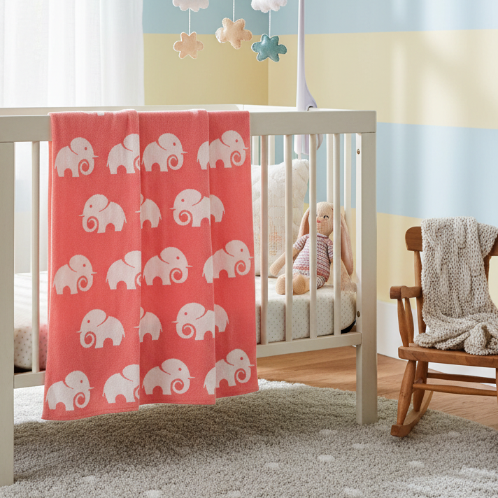Pomme Cotton Knitted Big Trunk Elephant Baby Blanket (Coral Pink & Ivory)
