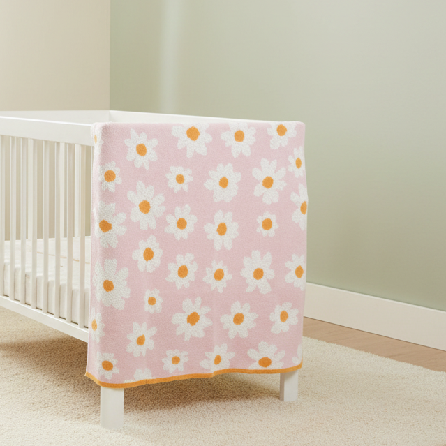 Pomme Cotton Knitted Daisy Bloom Baby Blanket (Blush Pink)