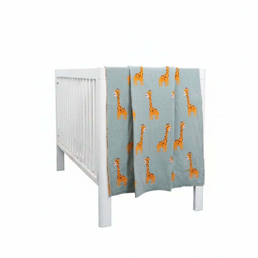 Pomme Cotton Knitted Sky Meadow Giraffe Baby Blanket (Dusty Blue)