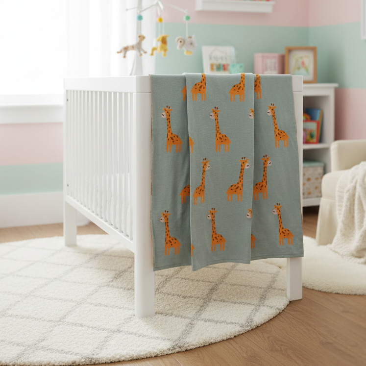 Pomme Cotton Knitted Sky Meadow Giraffe Baby Blanket (Dusty Blue)