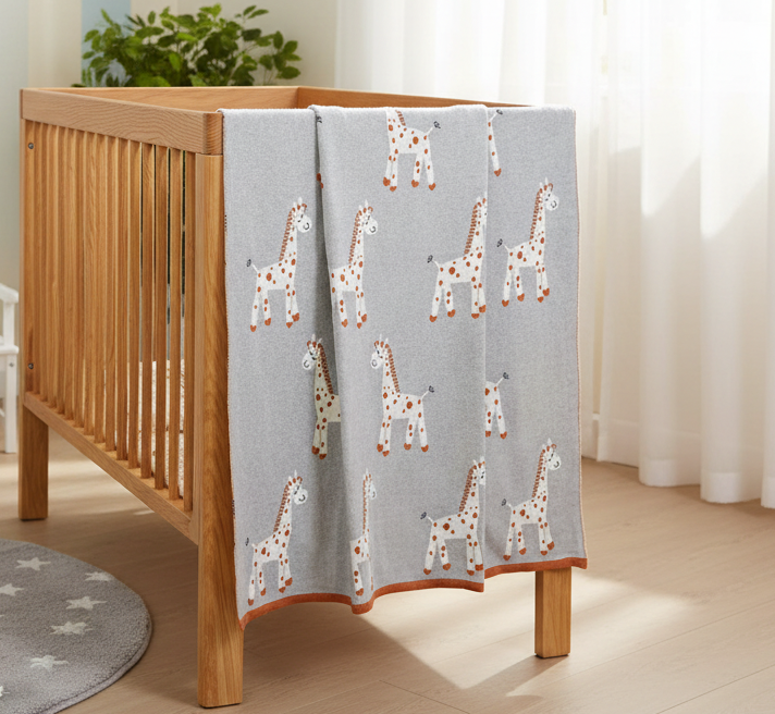 Pomme Cotton Knitted Tall & Spotty Giraffe Baby Blanket (Grey & Rust)