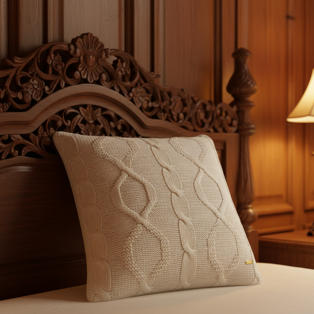 Pomme Diamond & Braid Cable Knitted Decorative Cushion Cover (Ivory)