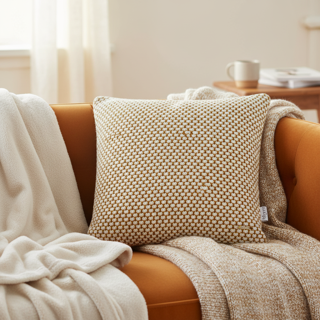 Pomme Bubble Knitted Decorative Cushion Cover (Mustard & Ivory)