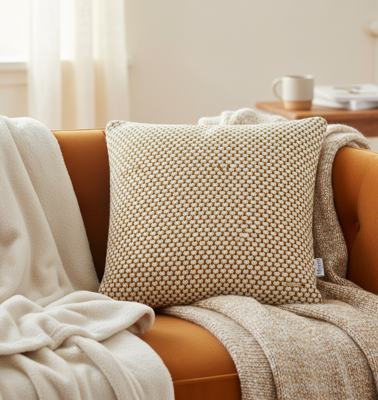 Pomme Bubble Knitted Decorative Cushion Cover (Mustard & Ivory)