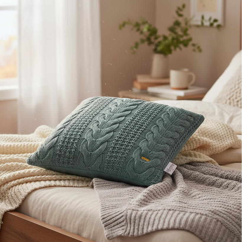 Pomme Cable Texture Knitted Decorative Cushion Cover (Blue)