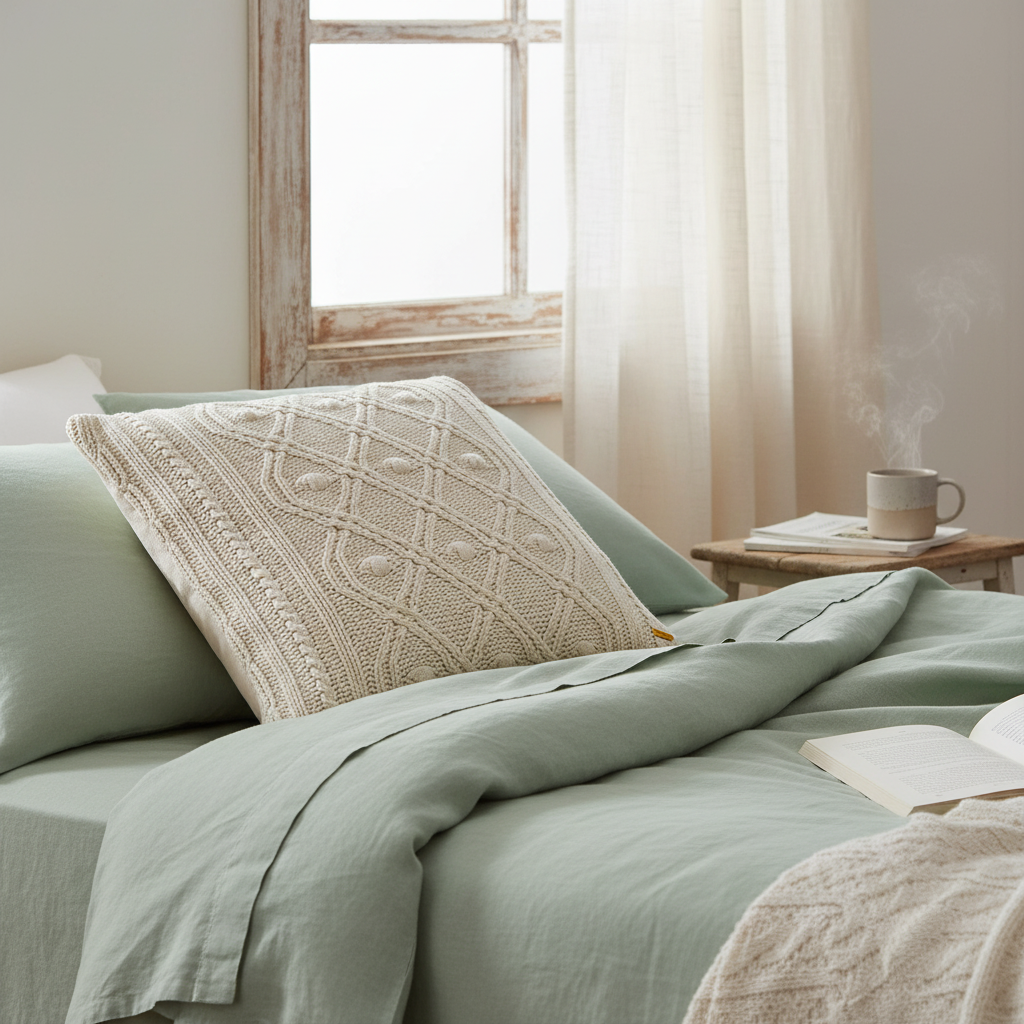 Pomme Cable Knitted Decorative Ogee Pattern Cushion Cover (Ivory)