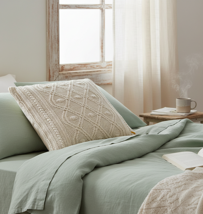 Pomme Cable Knitted Decorative Ogee Pattern Cushion Cover (Ivory)