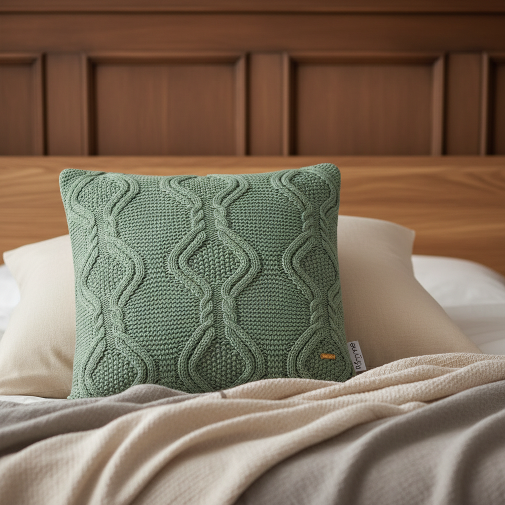 Pomme Cotton Knitted Cable Knitted Ogee Decorative Cushion Cover (Green)