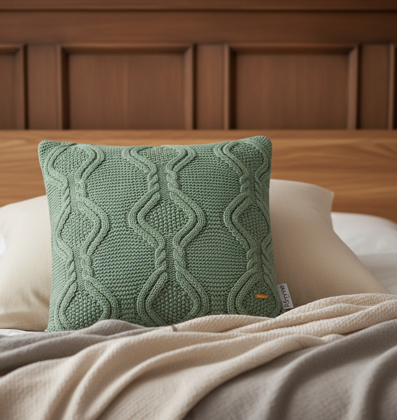 Pomme Cotton Knitted Cable Knitted Ogee Decorative Cushion Cover (Green)
