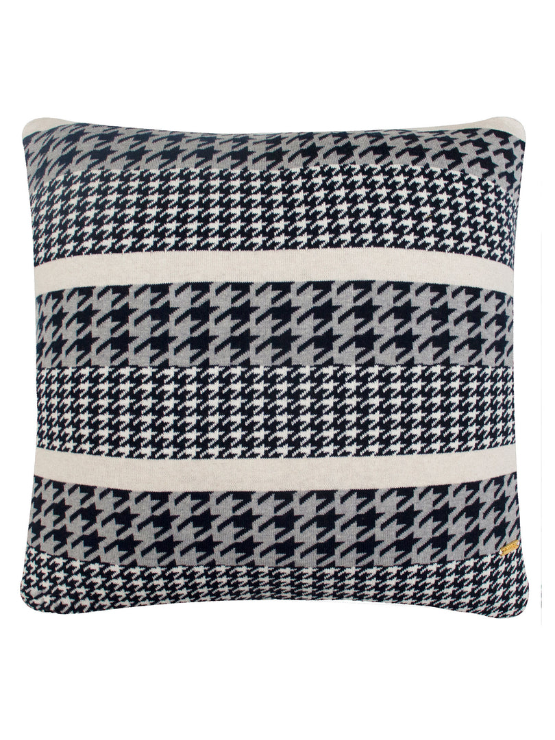 Pomme Cotton Knitted Decorative Cushion Cover Navy Ivory Houndstooth Pattern