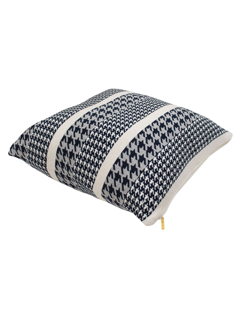 Pomme Cotton Knitted Decorative Cushion Cover Navy Ivory Houndstooth Pattern