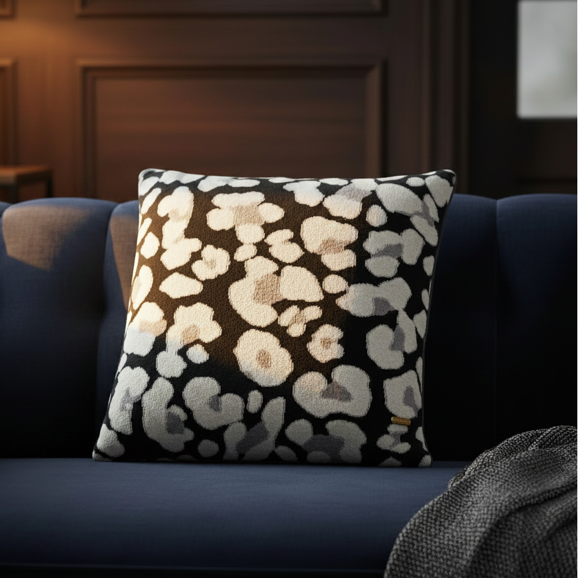 Pomme Cotton Knitted Leopard Pattern Cushion Cover (Dark Grey & Ivory)