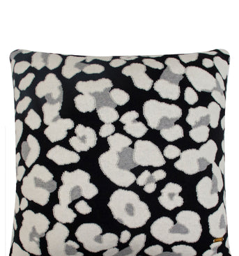 Pomme Cotton Knitted Decorative Cushion Cover Dk Grey Ivory Leopard Pattern
