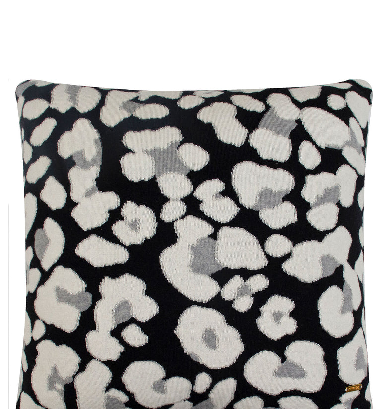 Pomme Cotton Knitted Decorative Cushion Cover Dk Grey Ivory Leopard Pattern