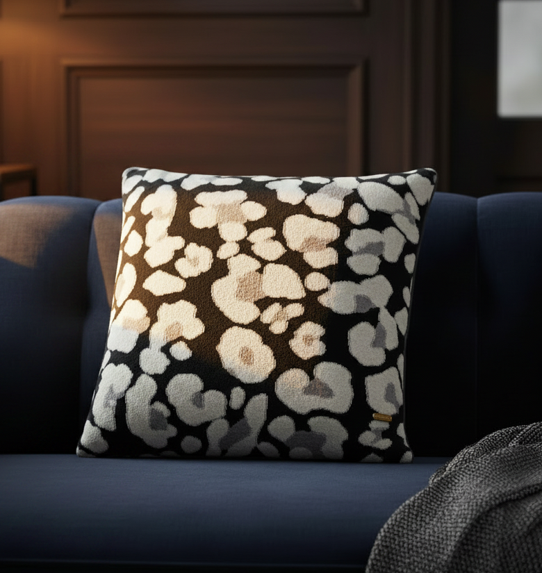 Pomme Cotton Knitted Leopard Pattern Cushion Cover (Dark Grey & Ivory)