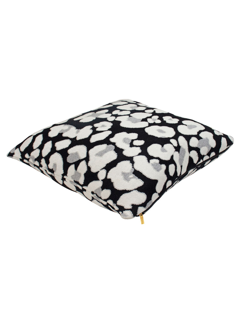 Pomme Cotton Knitted Decorative Cushion Cover Dk Grey Ivory Leopard Pattern