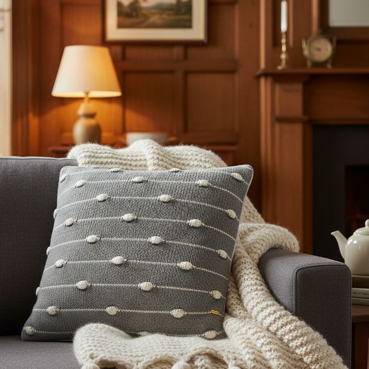 Pomme Bubble Knit Cotton Decorative Cushion Cover (Grey Melange & Ivory)
