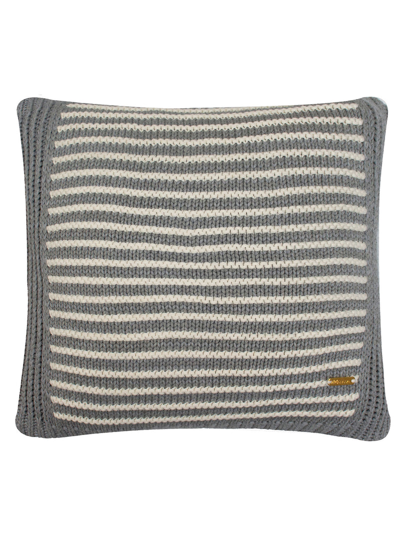 Pomme Cotton Knitted Decorative Cushion Cover Grey Ivory with 3D Stripe  texture Knit
