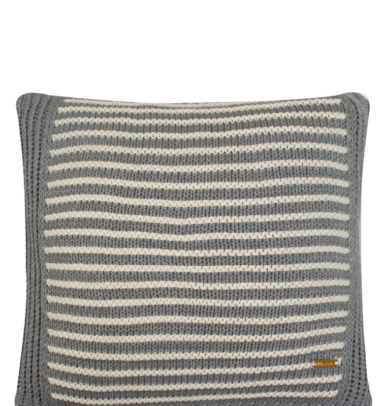 Pomme Cotton Knitted Decorative Cushion Cover Grey Ivory with 3D Stripe  texture Knit