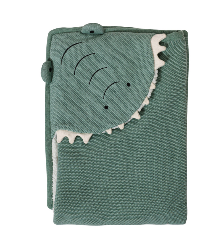 Pomme Cotton Knitted Kids Hooded Blanket With Dino Pattern