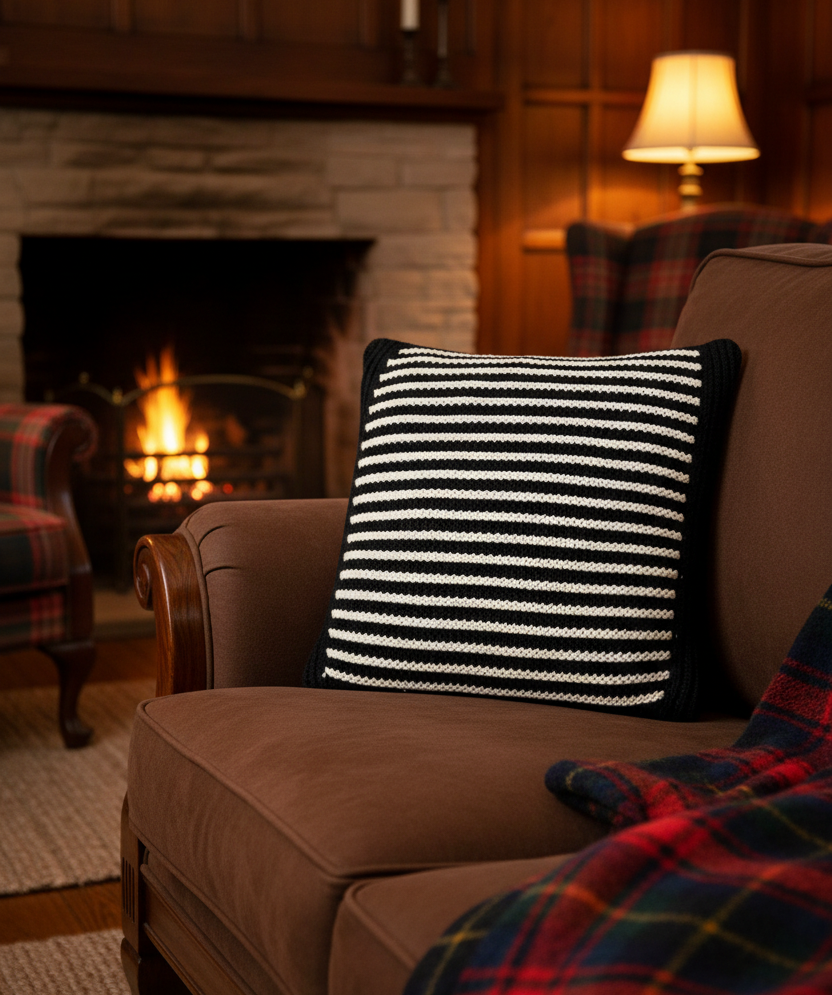 Pomme Classic Cotton Knitted Decorative Textured Striped Cushion Cover (Navy &amp; Ivory)