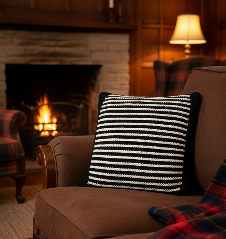 Pomme Classic Cotton Knitted Decorative Textured Striped Cushion Cover (Navy & Ivory)