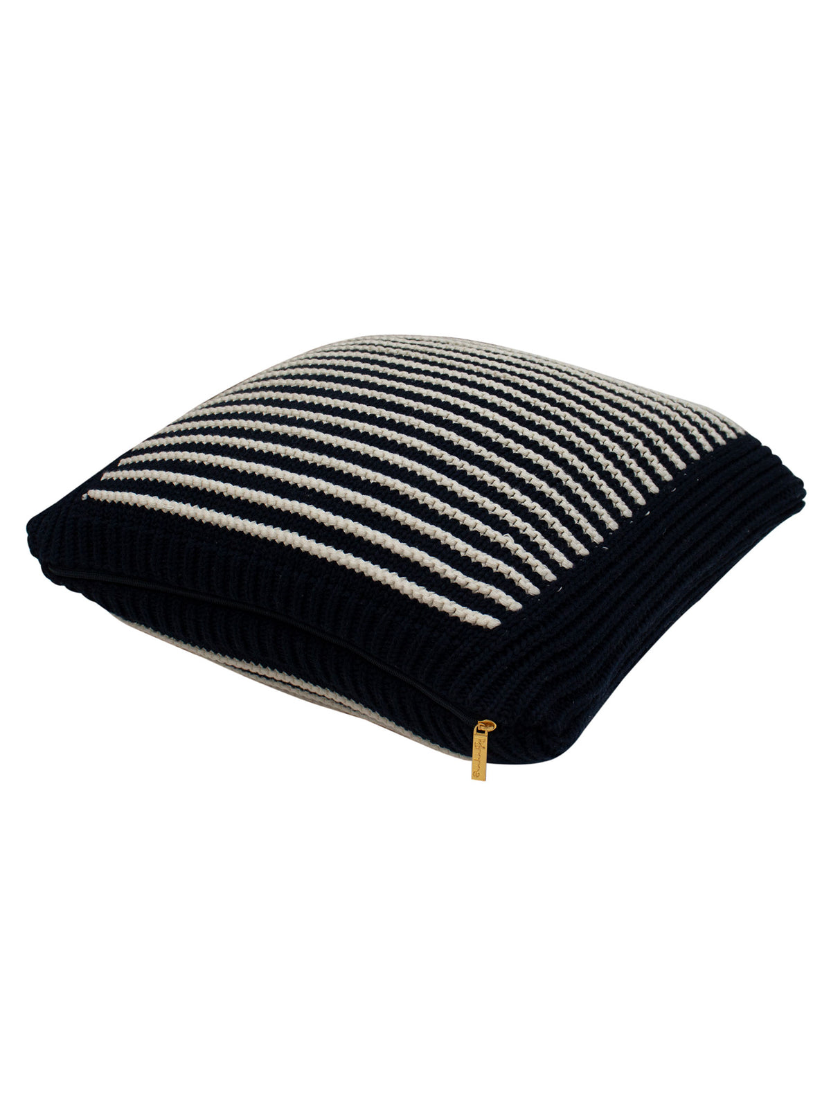 Pomme Classic Cotton Knitted Decorative Textured Striped Cushion Cover (Navy & Ivory)