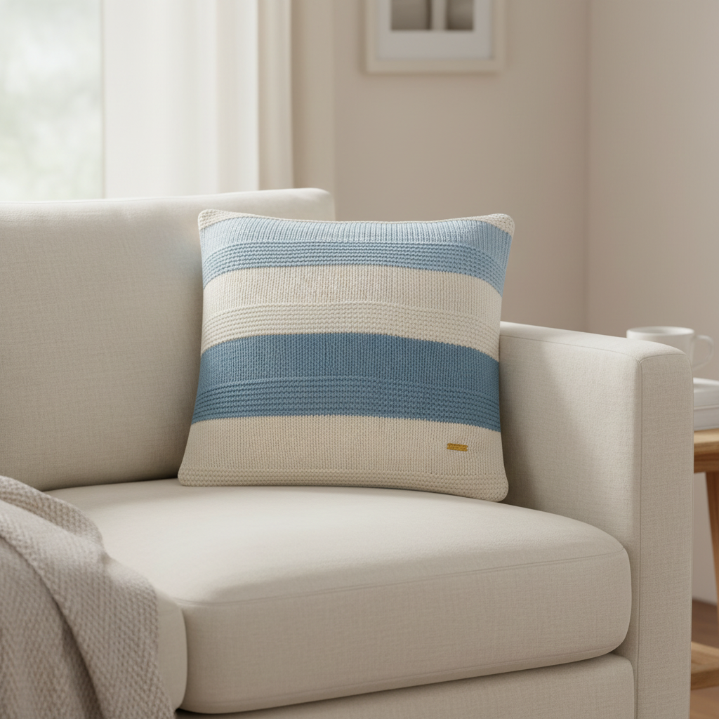 Pomme Cotton Knitted Broad Striped Decorative Cushion Cover (Blue & Ivory)