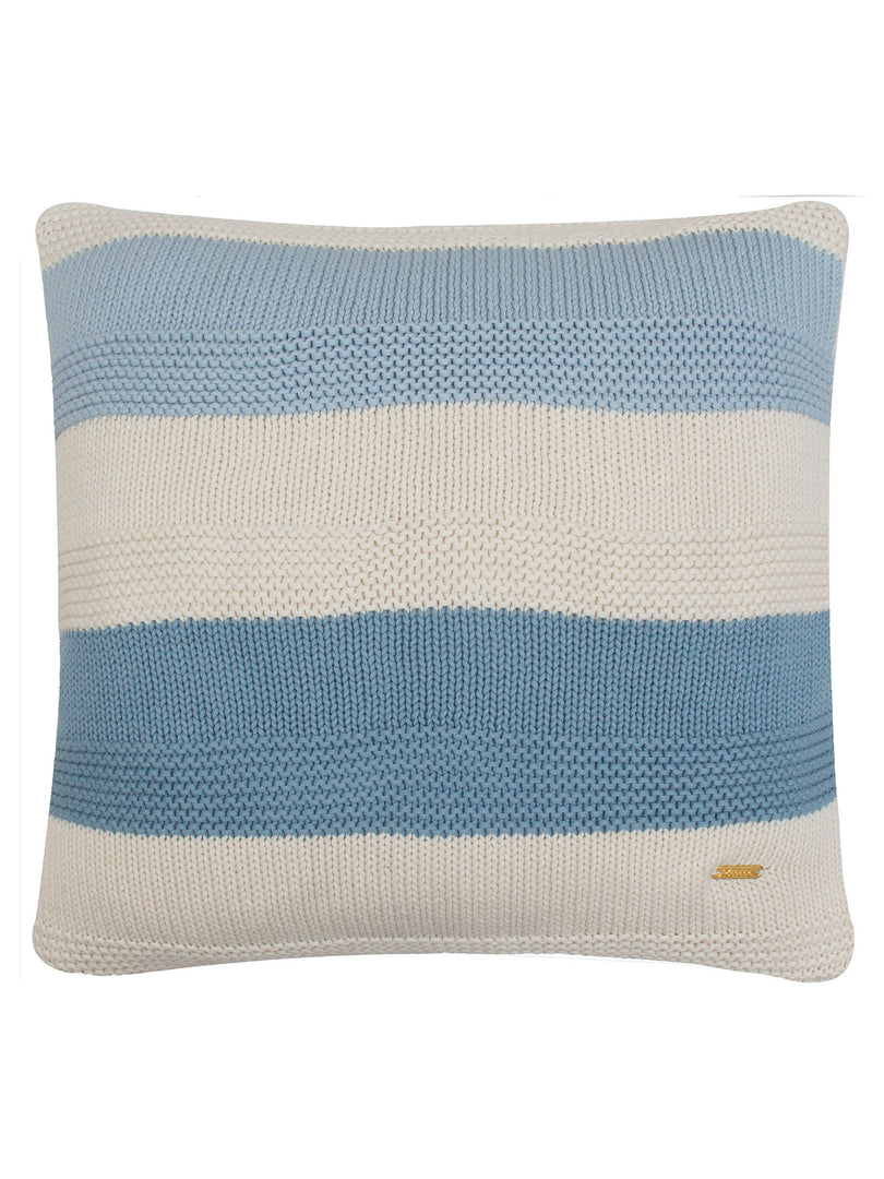 Pomme Cotton Knitted Decorative Cushion Cover Blue Ivory Broad Stripe