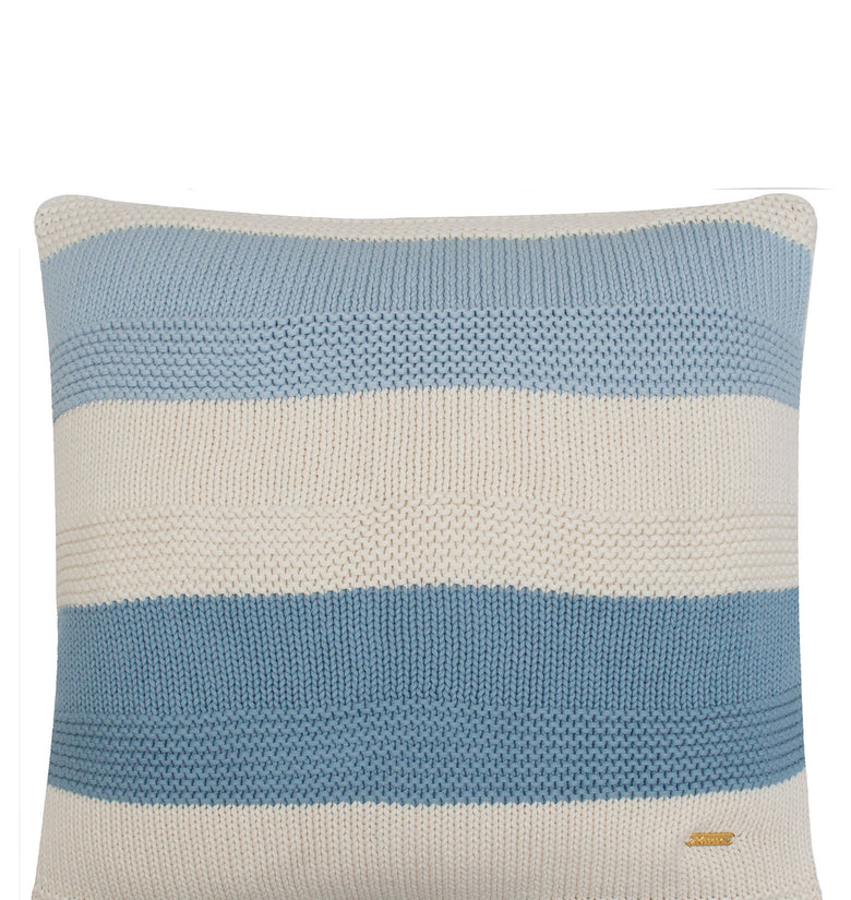 Pomme Cotton Knitted Decorative Cushion Cover Blue Ivory Broad Stripe