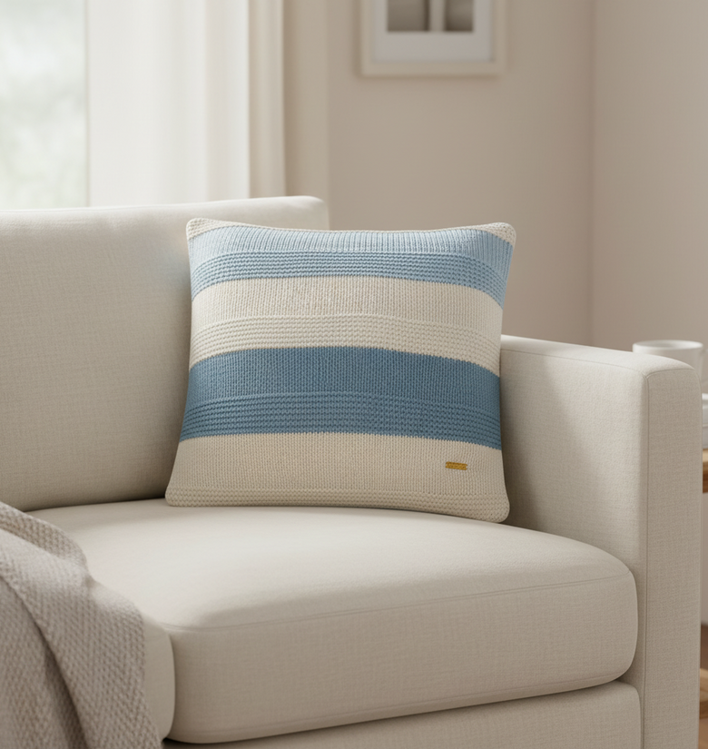 Pomme Cotton Knitted Broad Striped Decorative Cushion Cover (Blue & Ivory)