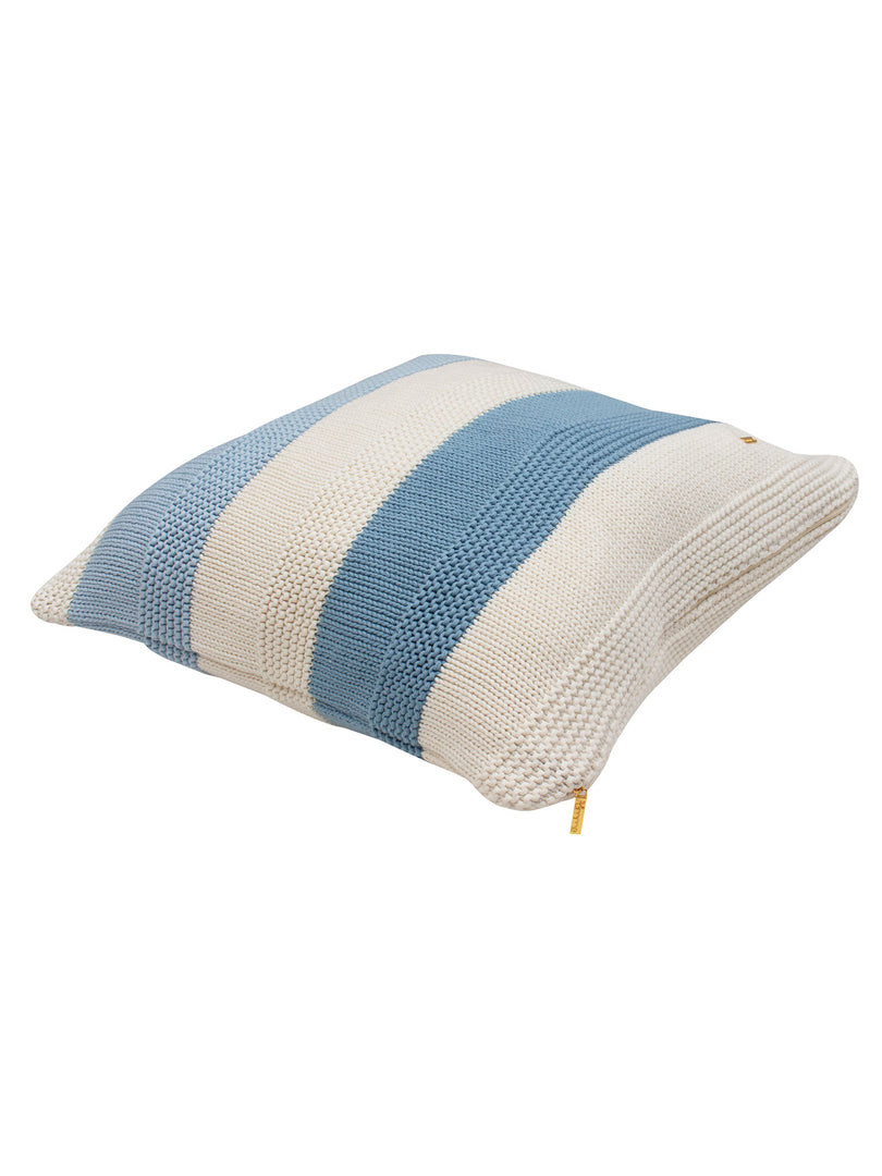 Pomme Cotton Knitted Decorative Cushion Cover Blue Ivory Broad Stripe