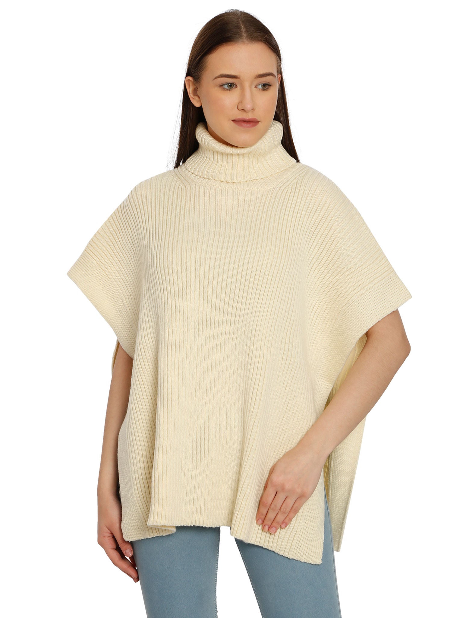 POMME Acrylic Knitted Off White Poncho for Women