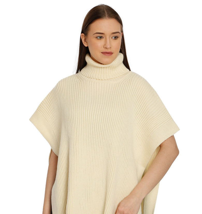 POMME Acrylic Knitted Off White Poncho for Women