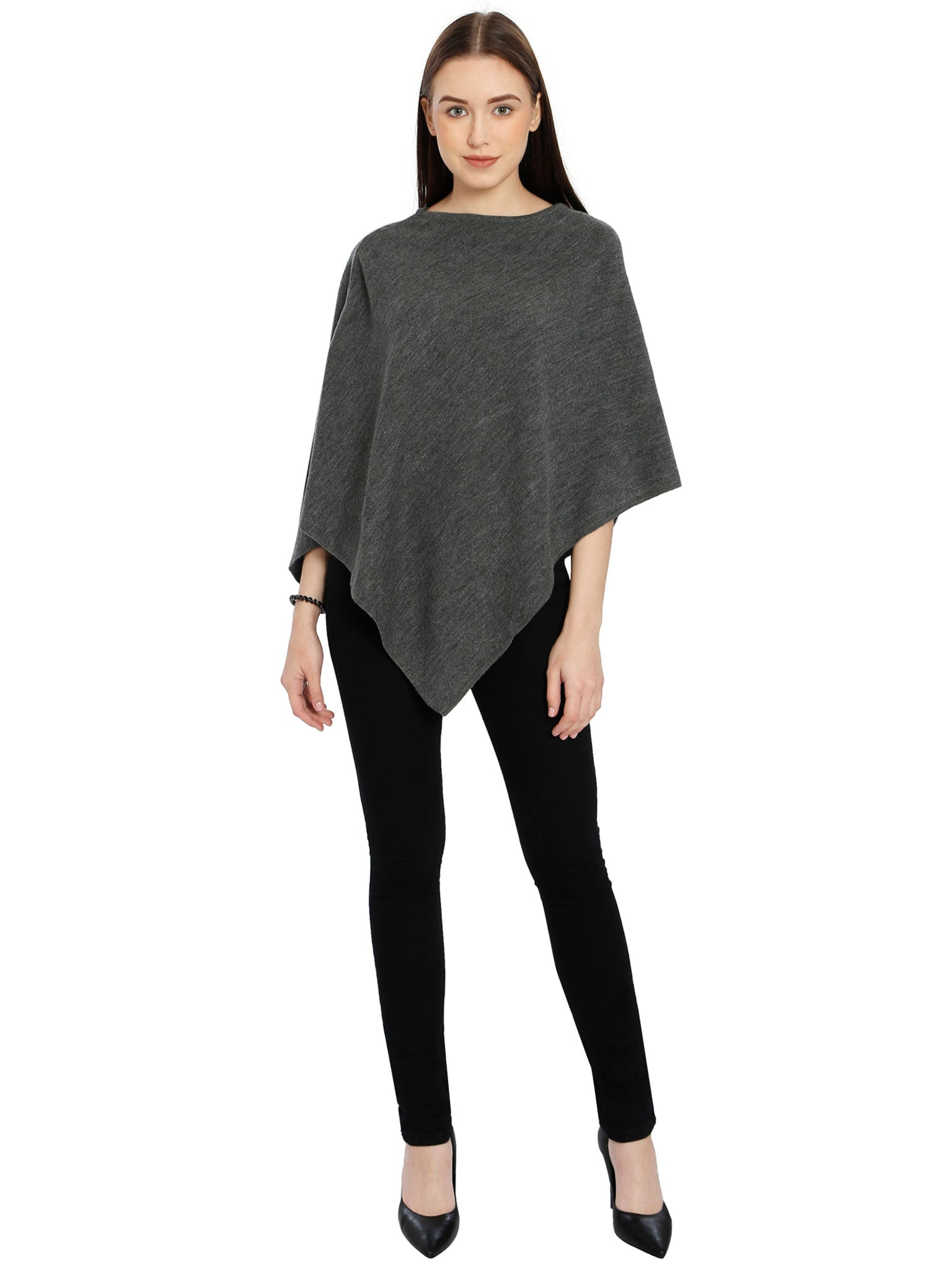 POMME Merino Wool Knitted Lt Grey Melange (Plain knit) Poncho for Women