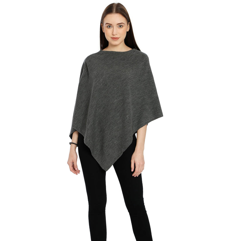 POMME Merino Wool Knitted Lt Grey Melange (Plain knit) Poncho for Women