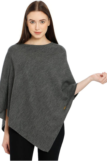 POMME Merino Wool Knitted Lt Grey Melange (Plain knit) Poncho for Women