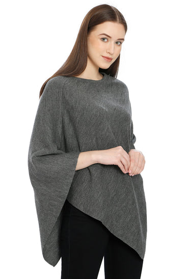POMME Merino Wool Knitted Lt Grey Melange (Plain knit) Poncho for Women