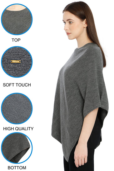 POMME Merino Wool Knitted Lt Grey Melange (Plain knit) Poncho for Women
