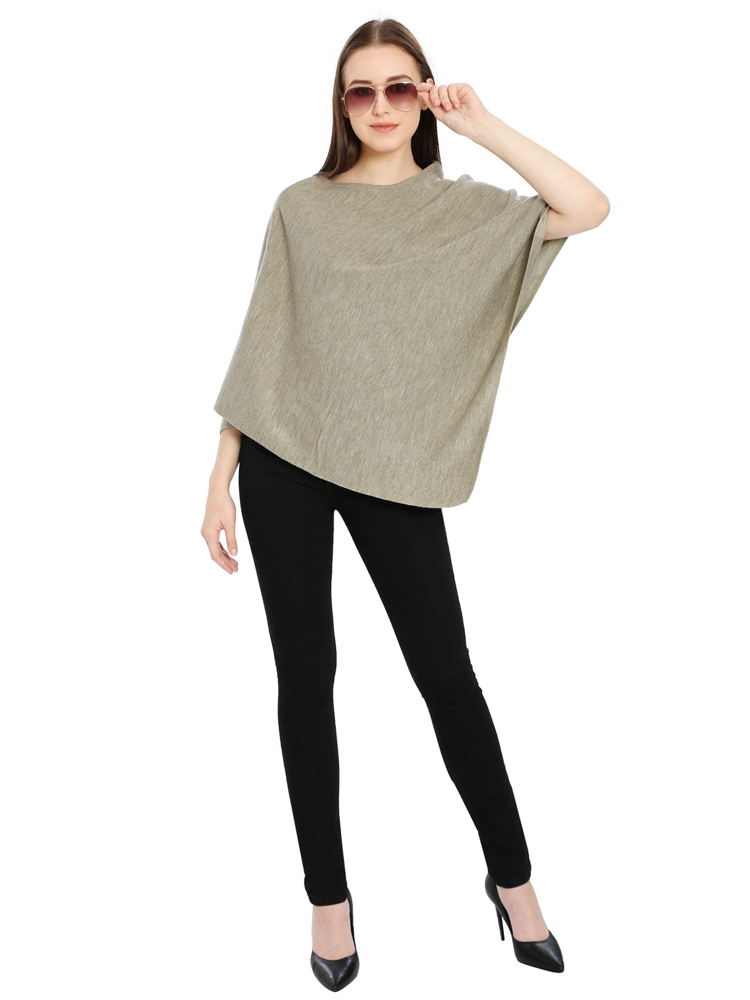 POMME Merino Wool Knitted Beige Mix Poncho for Women