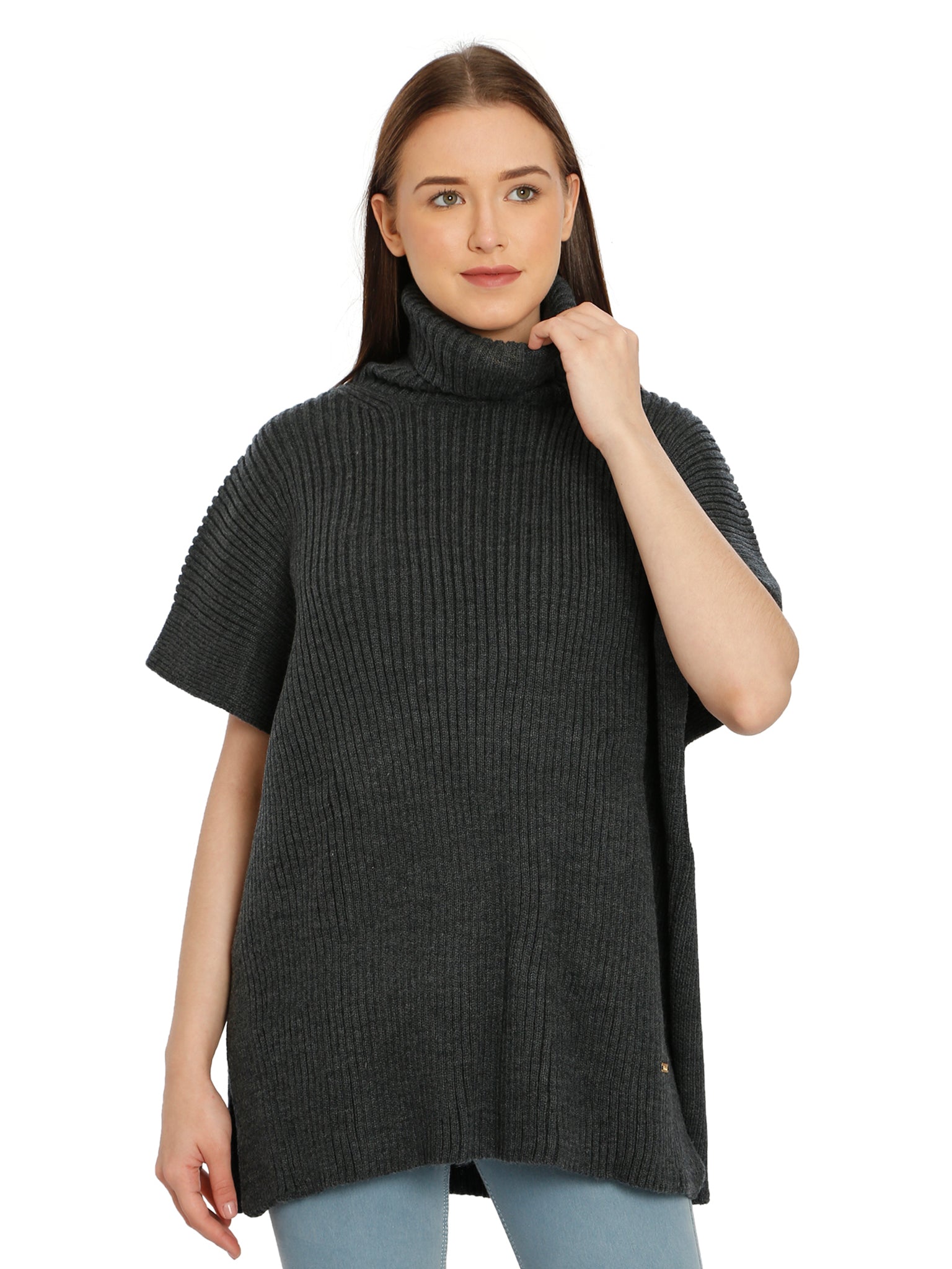 POMME Acrylic Knitted Light Grey Melange Poncho for Women
