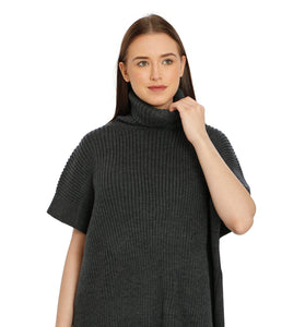 POMME Acrylic Knitted Light Grey Melange Poncho for Women