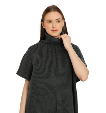 POMME Acrylic Knitted Light Grey Melange Poncho for Women