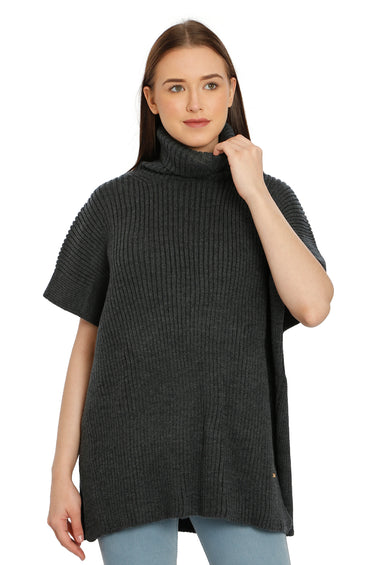 POMME Acrylic Knitted Light Grey Melange Poncho for Women