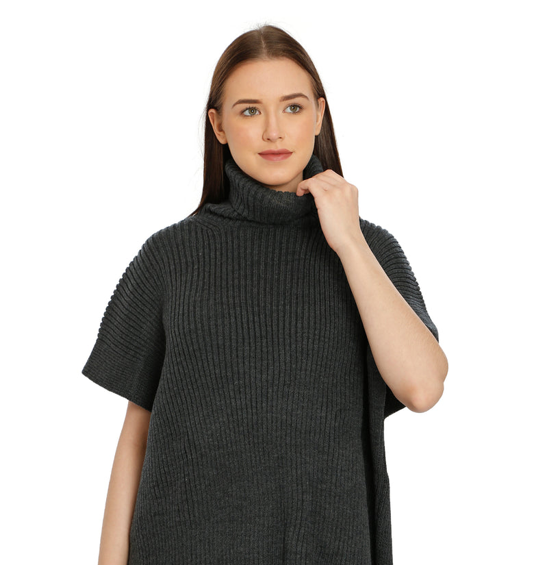 POMME Acrylic Knitted Light Grey Melange Poncho for Women