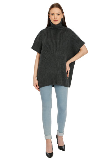 POMME Acrylic Knitted Light Grey Melange Poncho for Women
