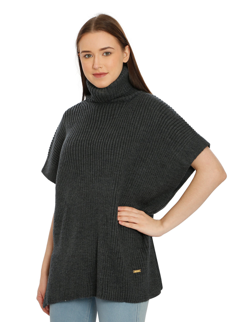 POMME Acrylic Knitted Light Grey Melange Poncho for Women