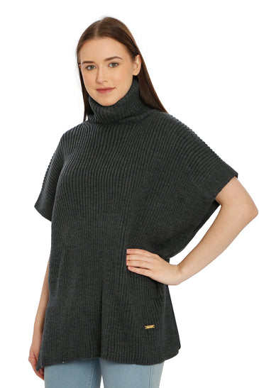 POMME Acrylic Knitted Light Grey Melange Poncho for Women