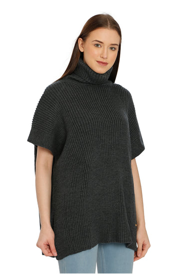 POMME Acrylic Knitted Light Grey Melange Poncho for Women