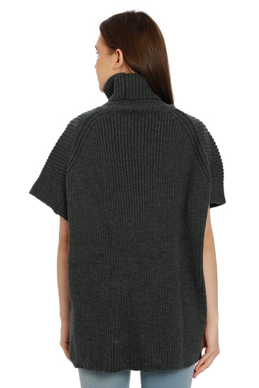 POMME Acrylic Knitted Light Grey Melange Poncho for Women